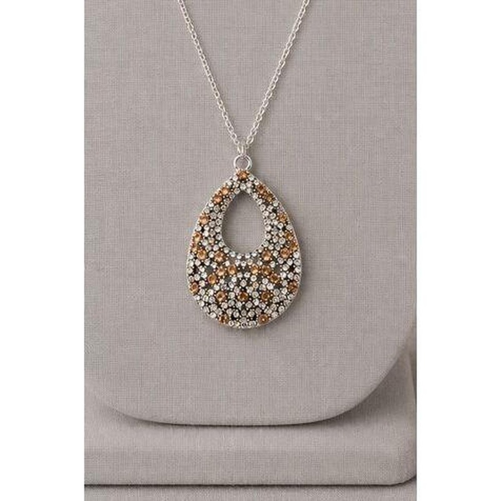 Paparazzi Silver Amber Rhinestone Teardrop Pendant Necklace and Earring Set